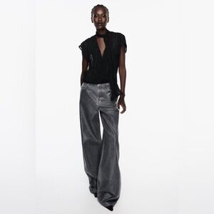 Zara Black Textured Tie-Front Top